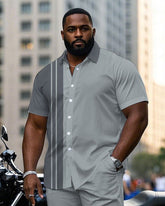 Men's Plus Size Gray Color Matching Line Fashion Short Sleeve Shirt Trousers Suit
